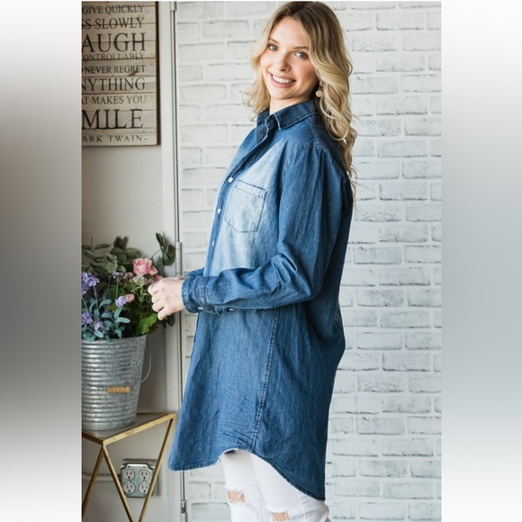 44 Fabulous Long Steere Button Down Washed Denim Long Shirt - Picture 5 of 6